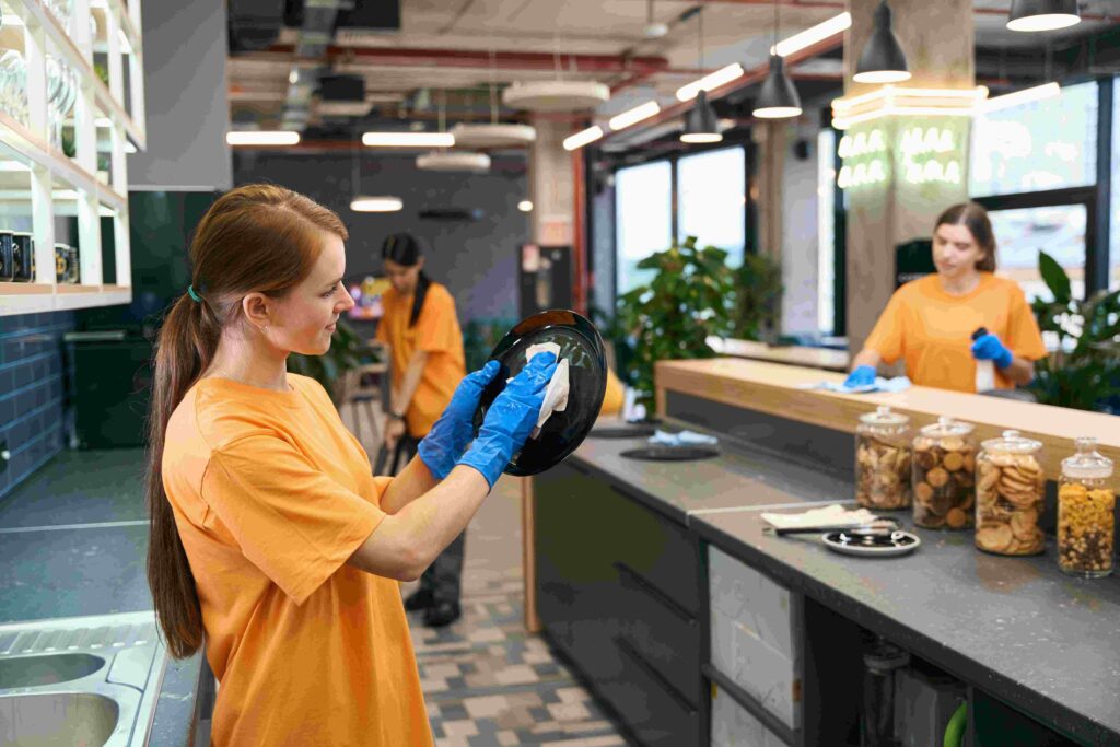 Cleaning female team cleaning in kitchen area , women in work clothes